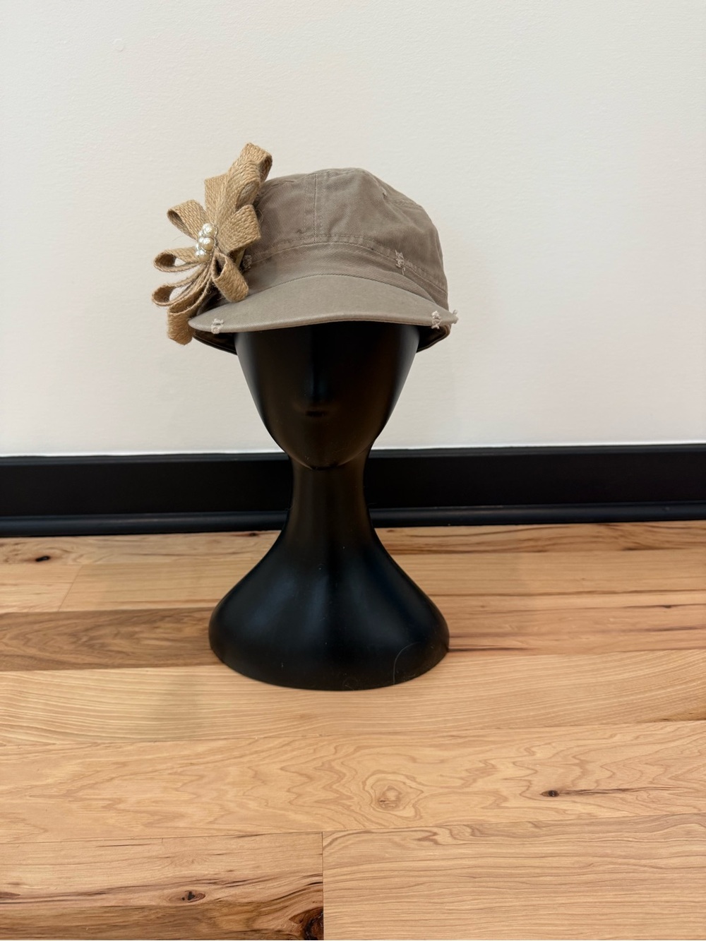 Women’s Khaki Military Cadet Hat with Burlap Flower & Pearl Accent